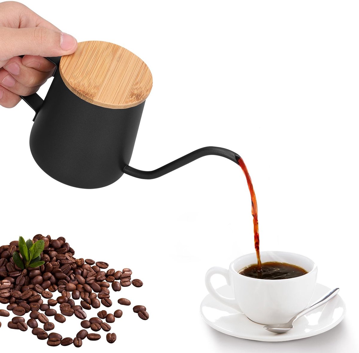 NTH products- Overgietketel Zwanenhals - Roestvrij Staal - Bamboedeksel - Handmatige Koffiezetketel - Vaatwasmachinebestendig - Geschikt voor Koffie/Thee