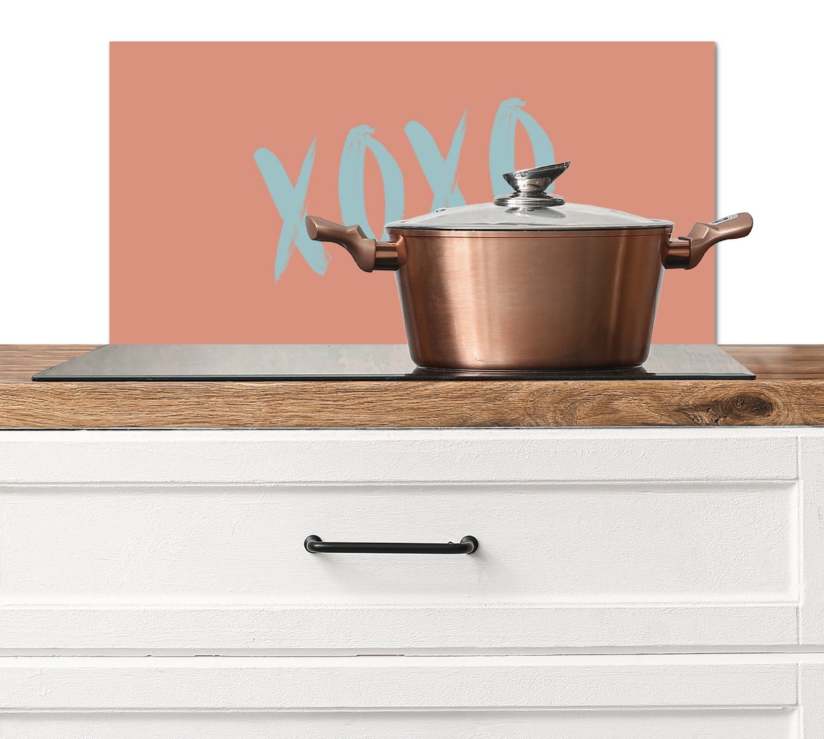 KitchenYeah Spatscherm keuken 60x30 cm Kookplaat achterwand XOXO Blauw Perzikkleur Muurbeschermer Spatwand fornuis Hoogwaardig aluminium