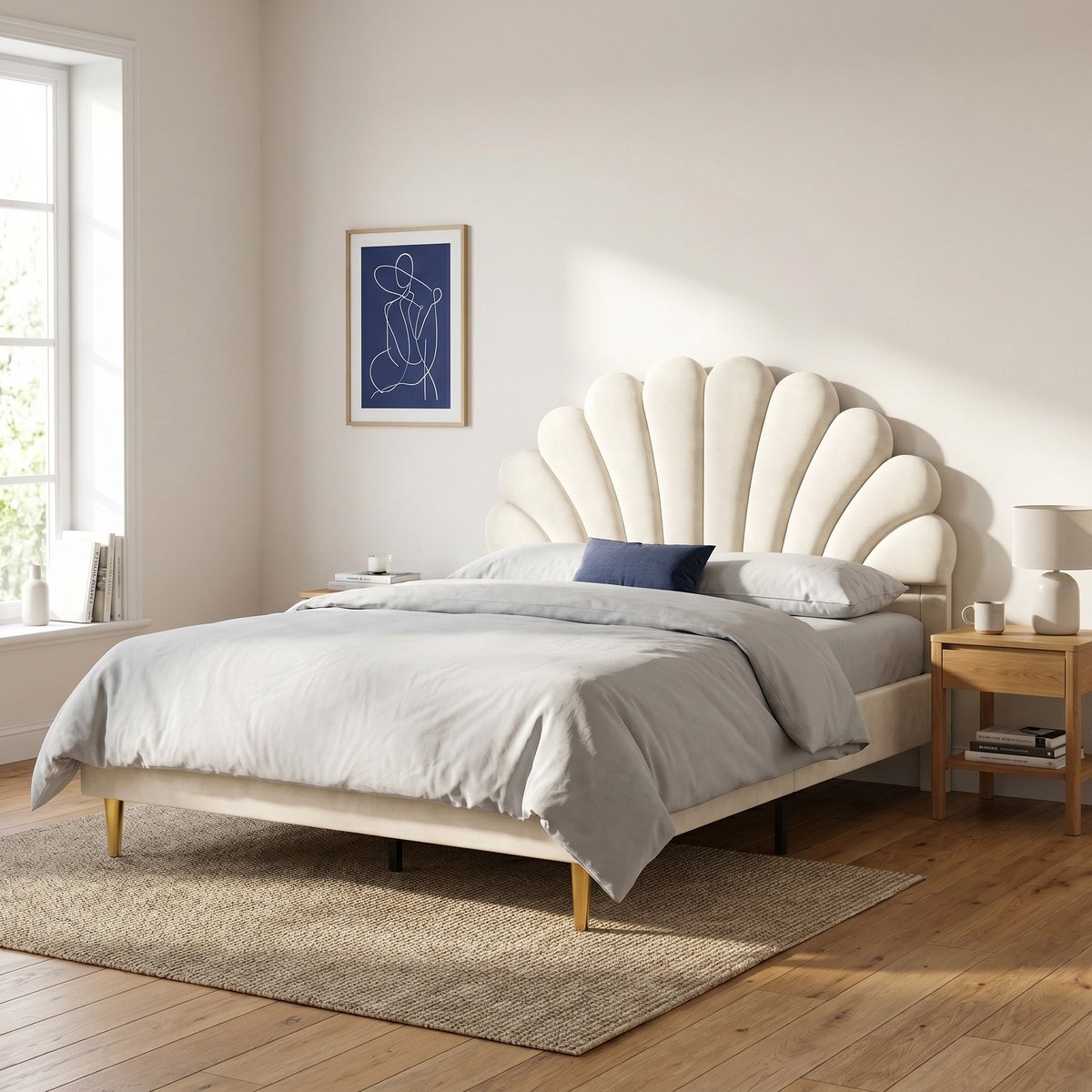 Tweepersoonsbed 140x200 cm - Verstelbaar Bloemblad Hoofdbord - Fluweel - Moderne Stijl - Beige