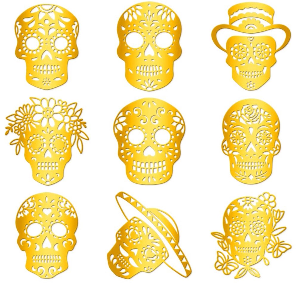 Dailygoods- Doodskop Stickers - 9 Stuks - Gouden Zelfklevende Stickers - Waterdicht - Mexicaans Skelet - Decoratie - 4 cm x 4 cm - Decoratiestickers