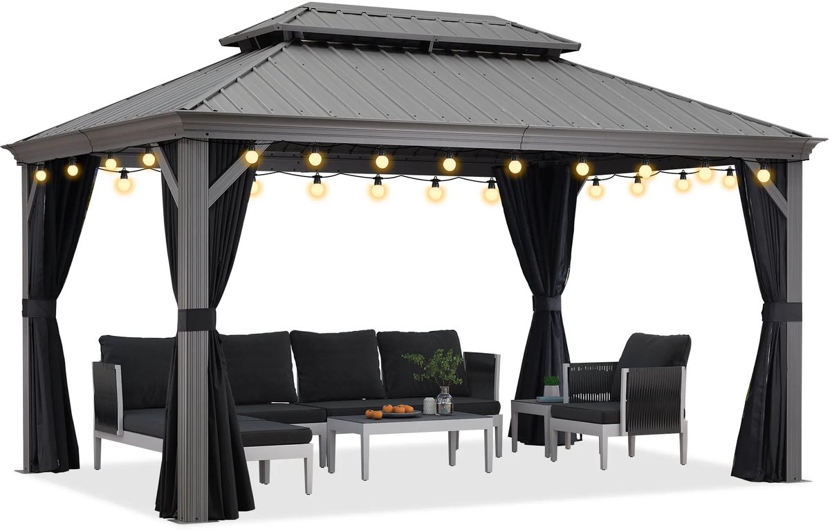 PURPLE LEAF Hardtop Aluminium Tuinpaviljoen – Dubbel dak – Hoogwaardige Gordijnen – Wind- en weerbestendig – Luxe Lichtgrijs – Met Sfeerverlichting