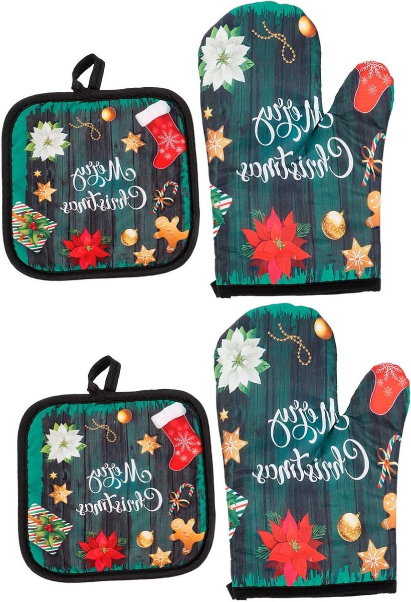 Ovenwanten Set - Bakbenodigdheden - Hittebescherming Keuken - Kerstprint Ontwerp - 2 Sets - Groen
