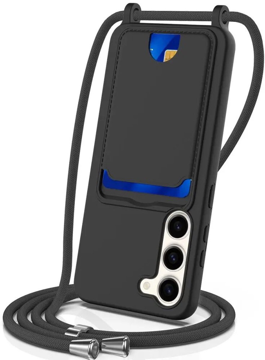 Hoesje met Koord en Pasjeshouder Geschikt voor Samsung Galaxy S23 | Back Cover met Crossbody Koord en Kaarthouder | Ideaal voor Festival/Vakantie | Siliconen | Zwart