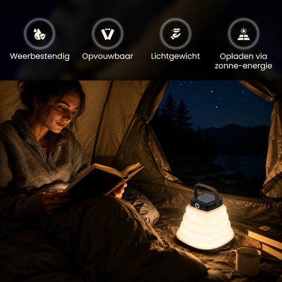Tech Essentials Solar LED Lantaarn - Opvouwbaar - Zwart - Tentlamp - Led Lamp Oplaadbaar - Kamperen - Nood - Storm - Hanglamp - Zonne Energie van Merkloos — afbeelding 3