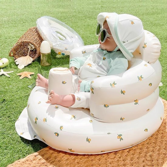 Opblaasbaar baby leert-zitstoel olijfprint wit 50×58×37 cm, opblaas speelzitje met bekerhouder, draagbaar waterbestendig babyzitje voor thuis en op reis — afbeelding 3