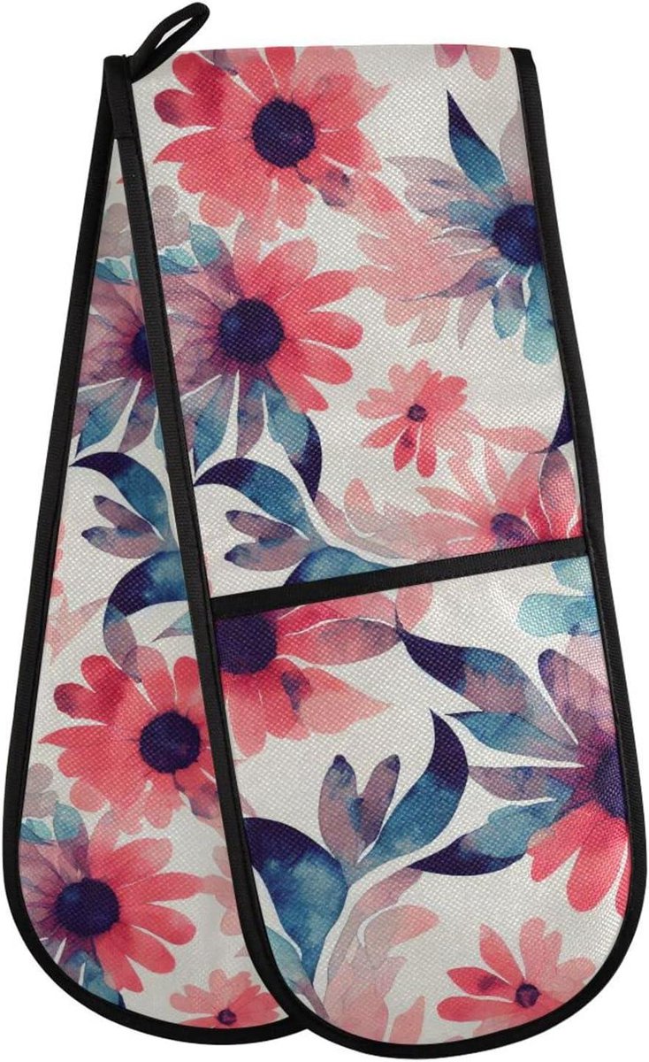 Dubbele Ovenwanten - Keukenhandschoen Oven - Koken en Bakken - Extra Lange Bescherming - 35" x 7" - Abstract Bloemen