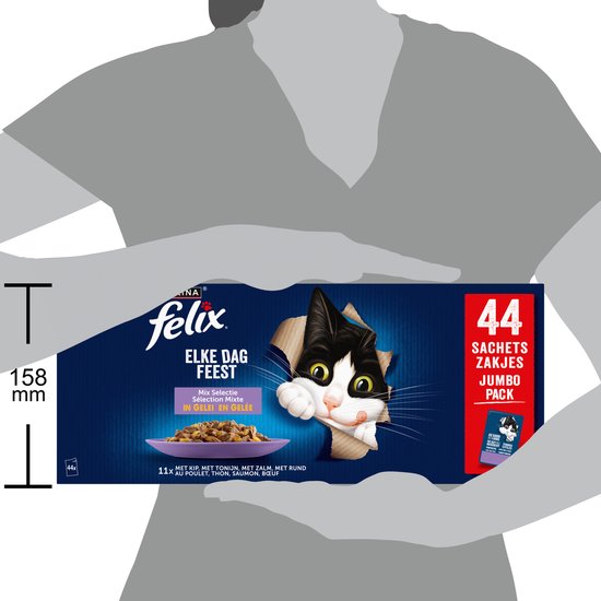Felix Elke Dag Feest in Gelei Mix Selectie - Kattenvoer Natvoer - Tonijn Zalm Rund & Kip - 44 x 85 g