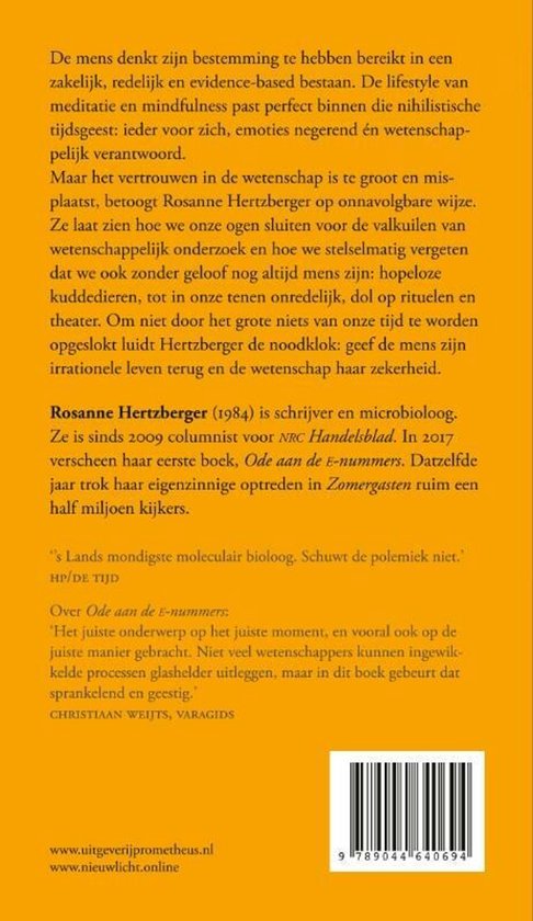 Boekrug met tekst over 'Het grote niets' van Rosanne Hertzberger. Geel met zwarte tekst. Streepjescode onderaan.
