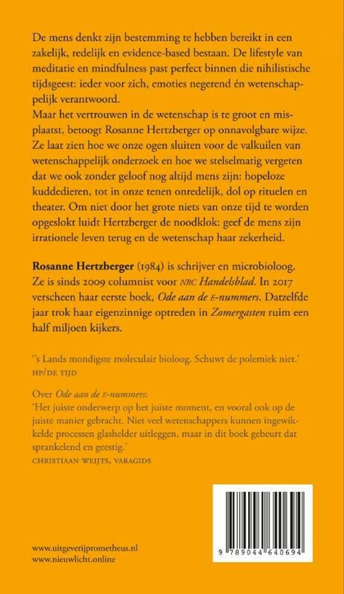 Boekrug met tekst over 'Het grote niets' van Rosanne Hertzberger. Geel met zwarte tekst. Streepjescode onderaan.