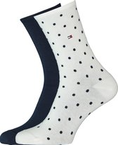 Tommy Hilfiger damessokken Dot (2-pack) - uni en gestipt katoen - off white met blauw - Maat: 35-38