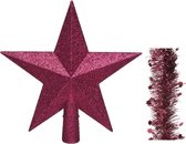 Kerstversiering kunststof glitter ster piek 19 cm en sterren folieslingers pakket framboos roze van 3x stuks - Kerstboomversiering