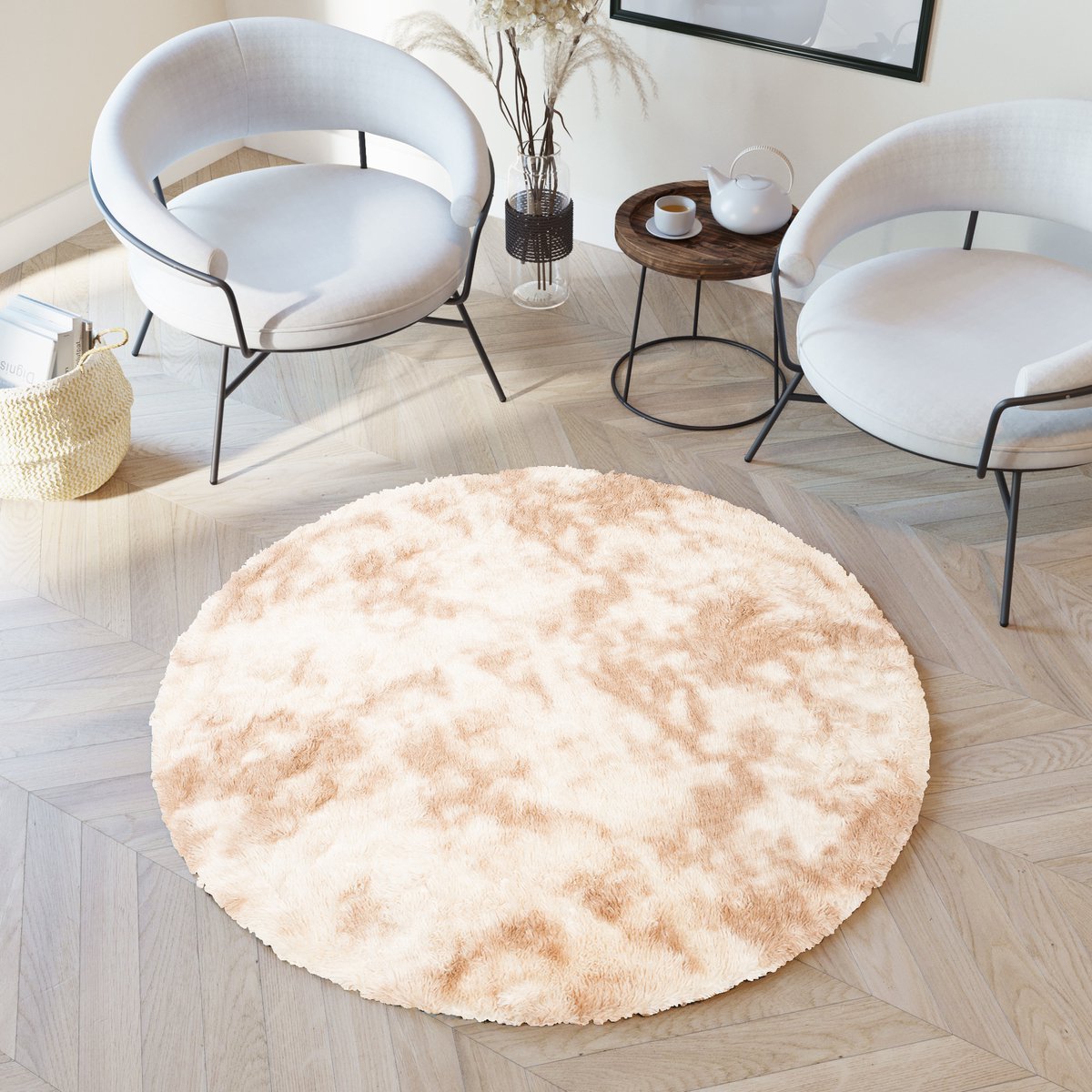 Tapiso Silk Dyed Rond Vloerkleed Antislip Hoogpolig Tapijt Maat- 100x100 Lichtbeige