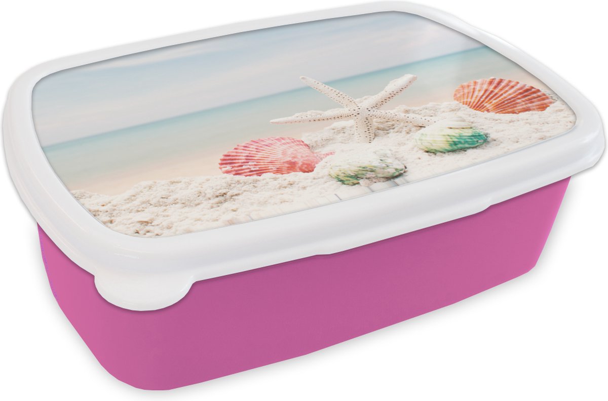 Broodtrommel Roze - Lunchbox - Brooddoos - Zeester - Schelpen - Zee - 18x12x6 cm - Kinderen - Meisje