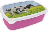 Broodtrommel Roze - Lunchbox - Brooddoos - Koe - Baby - Bloemen - 18x12x6 cm - Kinderen - Meisje