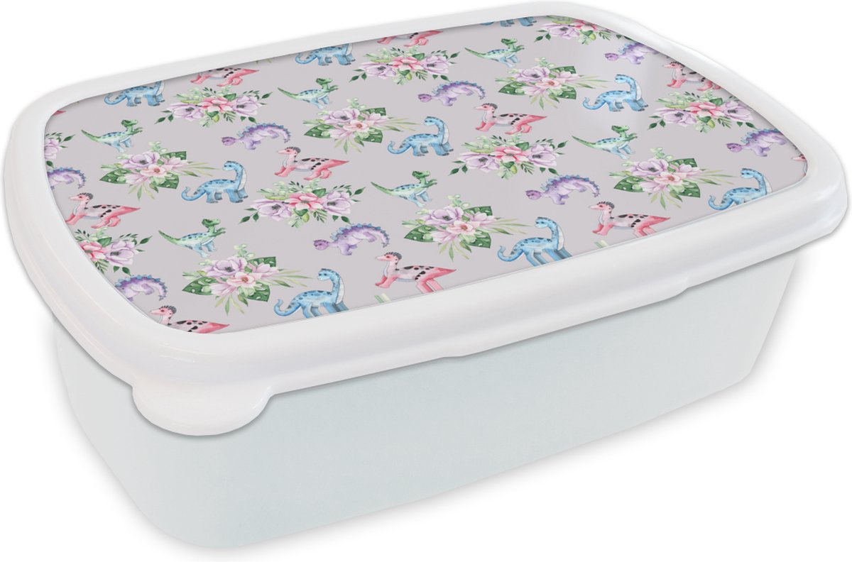 Broodtrommel Wit - Lunchbox - Brooddoos - Kinderkamer - Dinosaurus - Grijs - Meisjes - Kinderen - Roze - 18x12x6 cm - Volwassenen