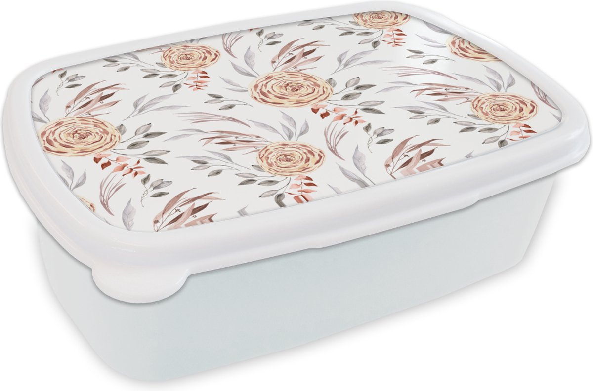 Broodtrommel Wit - Lunchbox - Brooddoos - Rozen - Bladeren - Wit - 18x12x6 cm - Volwassenen