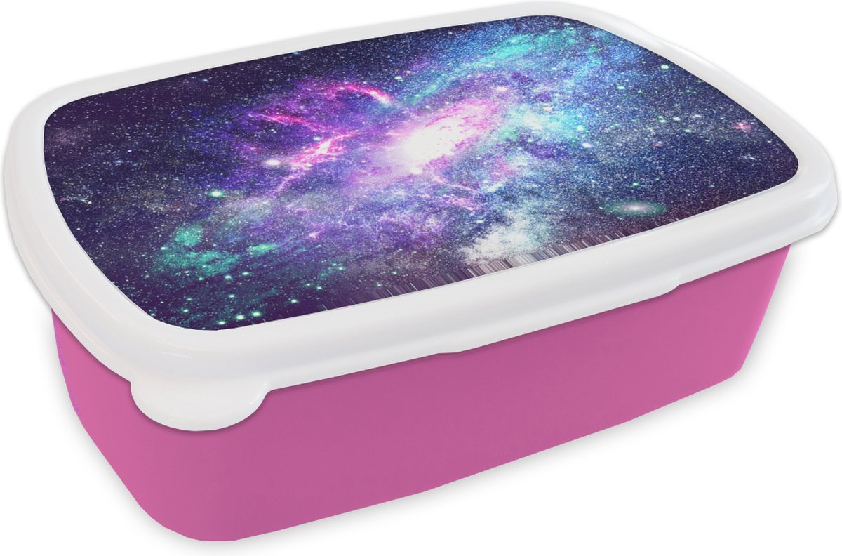 Broodtrommel Roze - Lunchbox - Brooddoos - Ruimte - Blauw - Sterren - 18x12x6 cm - Kinderen - Meisje