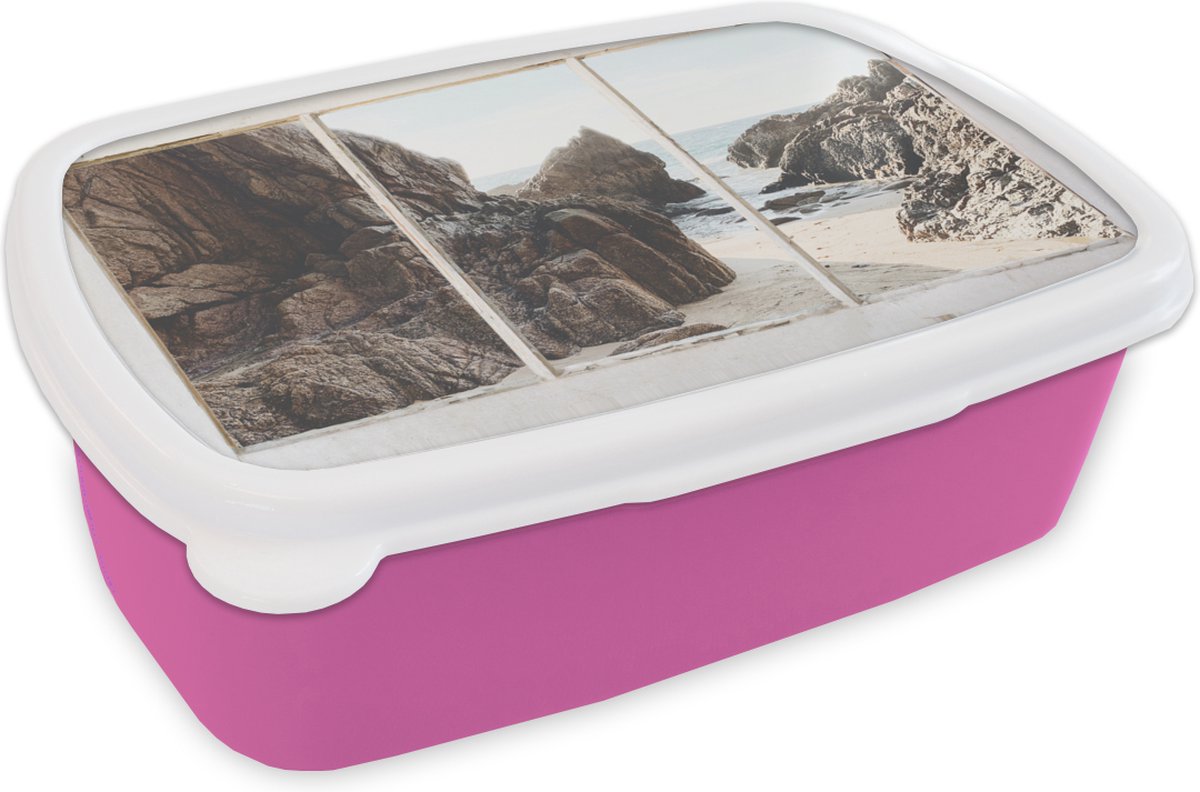 Broodtrommel Roze - Lunchbox - Brooddoos - Doorkijk - Strand - Zee - 18x12x6 cm - Kinderen - Meisje