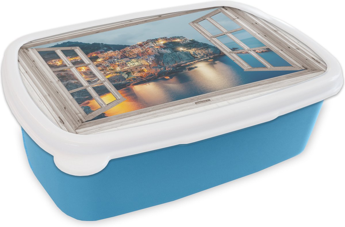 Broodtrommel Blauw - Lunchbox - Brooddoos - Doorkijk - Italië - Zee - 18x12x6 cm - Kinderen - Jongen