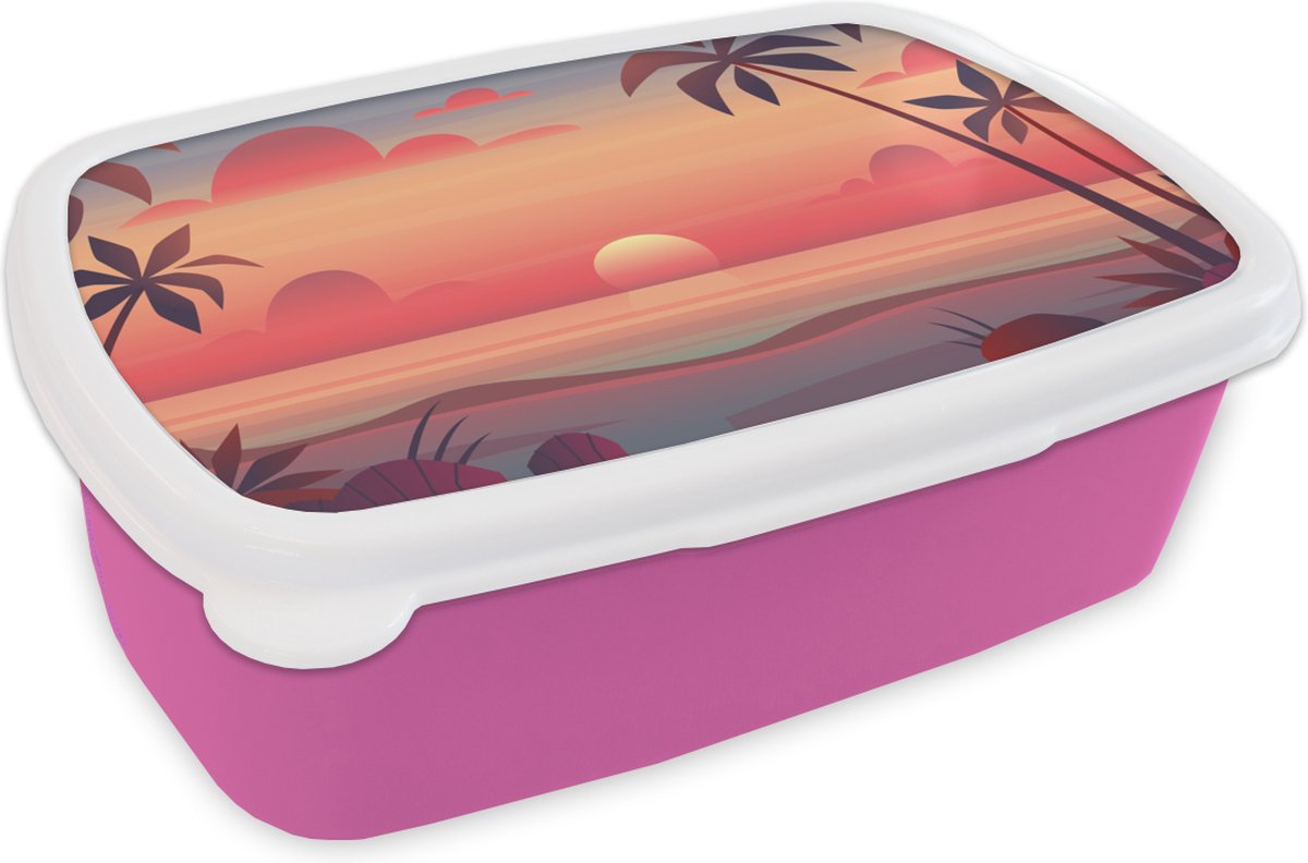 Broodtrommel Roze - Lunchbox - Brooddoos - Retro - Strand - Zon - 18x12x6 cm - Kinderen - Meisje