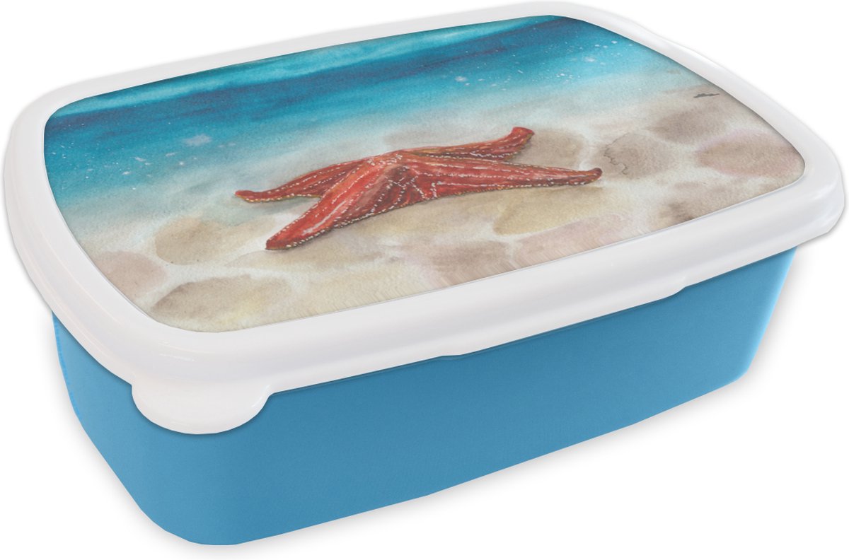Broodtrommel Blauw - Lunchbox - Brooddoos - Zee - Waterverf - Zeester - 18x12x6 cm - Kinderen - Jongen