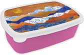 Broodtrommel Roze - Lunchbox - Brooddoos - Delfts Blauw - Goud - Patronen - 18x12x6 cm - Kinderen - Meisje