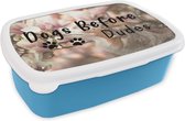 Broodtrommel Blauw - Lunchbox - Brooddoos - Quotes - Spreuken - Hond - Dogs before dudes - 18x12x6 cm - Kinderen - Jongen