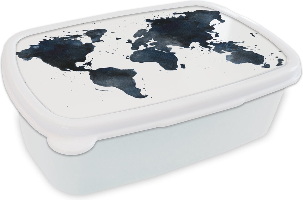 Broodtrommel Wit - Lunchbox - Brooddoos - Wereldkaart - Abstract - Blauw - 18x12x6 cm - Volwassenen