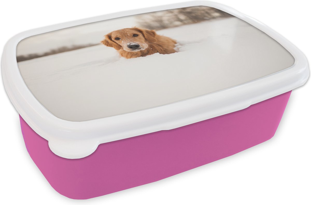 Broodtrommel Roze - Lunchbox - Brooddoos - Hond - Sneeuw - Winter - 18x12x6 cm - Kinderen - Meisje