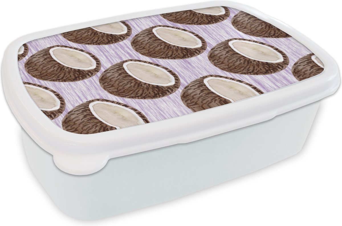 Broodtrommel Wit - Lunchbox - Brooddoos - Kokosnoot - Paars - Patroon - 18x12x6 cm - Volwassenen
