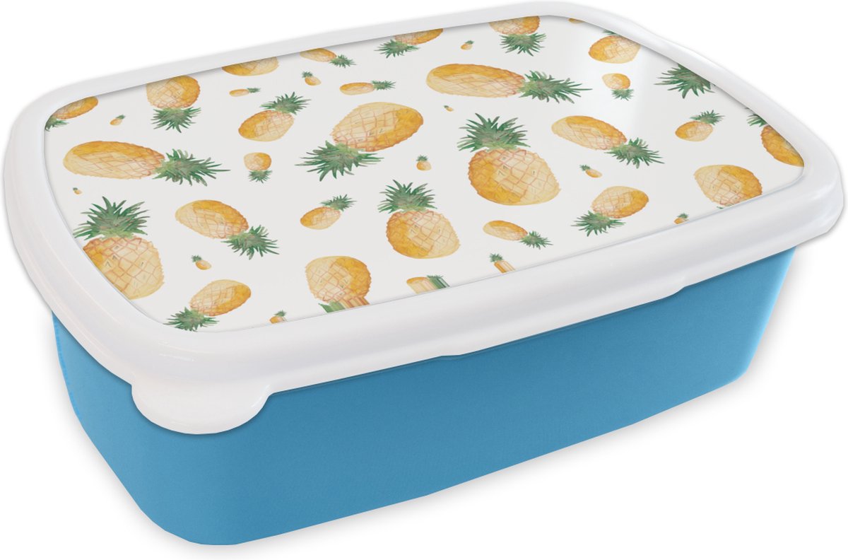 Broodtrommel Blauw - Lunchbox - Brooddoos - Ananassen - Fruit - Wit - 18x12x6 cm - Kinderen - Jongen
