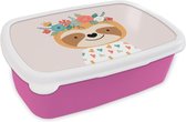 Broodtrommel Roze - Lunchbox - Brooddoos - Luiaard - Bloemen - Dieren - 18x12x6 cm - Kinderen - Meisje