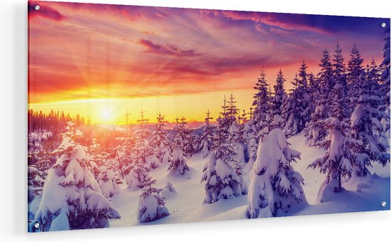Artaza Glasschilderij - Zonsondergang In Het Sneeuw Bos  - 80x40 - Plexiglas Schilderij - Foto op Glas