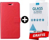 Kunstleer Bookcase Hoesje Met Pasjeshouder iPhone XS Rood - Gratis Screen Protector - Telefoonhoesje - Smartphonehoesje