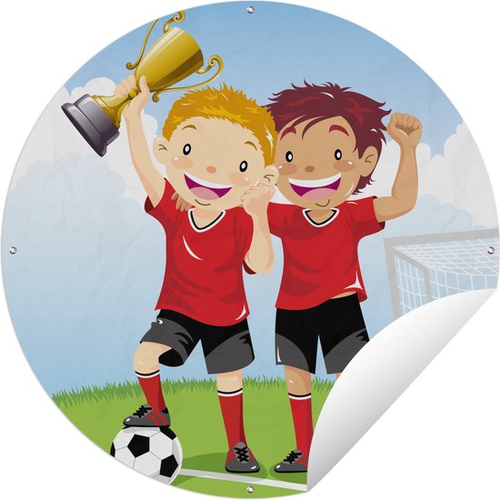 Tuincirkel Een illustratie van twee voetballers die een prijs hebben gewonnen - Jongens - Meisjes - Kind - 60x60 cm - Ronde Tuinposter - Buiten