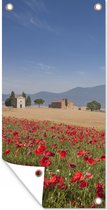 Wanddecoratie buiten Bloemenweide - Rozen - Huisjes - 80x160 cm - Tuindoek - Buitenposter