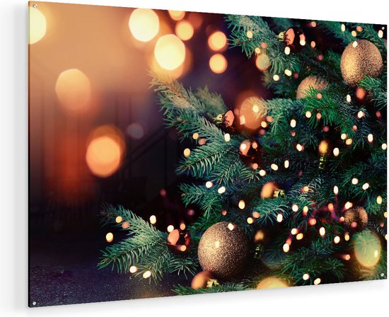 Artaza Glasschilderij - Versierde Kerstboom Met Lichtjes - 120x80 - Groot - Plexiglas Schilderij - Foto op Glas