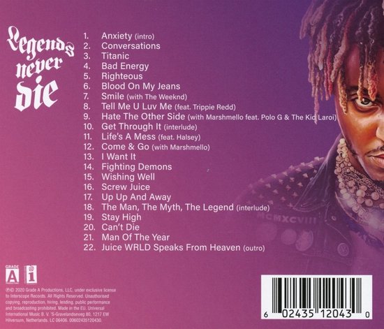 Achterkant cd 'Legends Never Die' met tracklist en Juice WRLD.