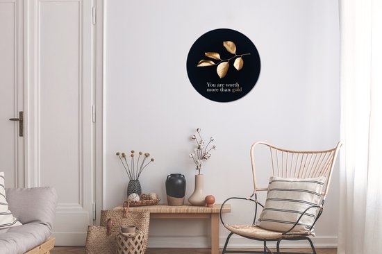 Branche d'or avec des feuilles avec la citation - Vous valez plus que l'or - ⌀ 30 cm - peinture ronde - cercle de papier peint - cercle mural - cercle vivant - autocollant et découpe ronde