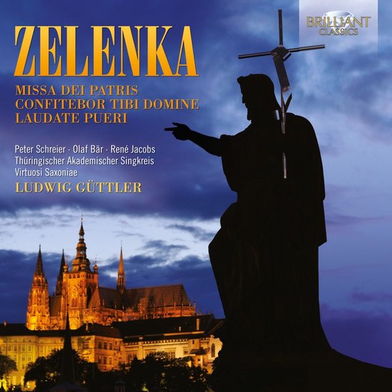 CD-hoes met de titel ZELENKA en een silhouet van een standbeeld voor een kathedraal bij nacht.