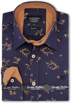 Heren Overhemd - Slim Fit - Barok Motief - Blauw - Maat S