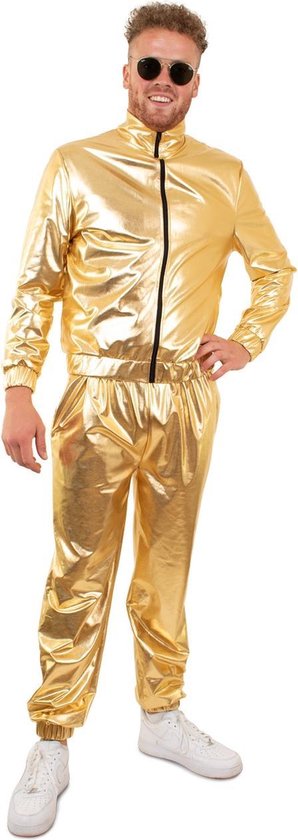 PartyXplosion - Glitter & Glamour Kostuum - Gouden Metallic Retro Trainingspak Proud To Be Goud Heren - Man - goud - Extra Small - Carnavalskleding - Verkleedkleding - Carnaval kostuum heren