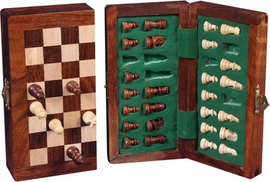 Afbeelding van het spel schaakset opklapbaar 25 cm hout bruin/creme