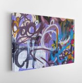 Canvas schilderij - Beautiful street art of graffiti. Abstract color creative drawing fashion on walls of city. Urban contemporary culture. Title paint on walls. Culture youth prot