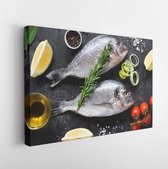 Canvas schilderij - Fresh uncooked dorado or sea bream fish with lemon slices, spices, herbs and vegetables. Mediterranean cuisine. Top view  -     745353781 - 40*30 Horizontal