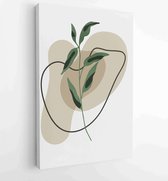 Canvas schilderij - Green and earth tone background foliage line art drawing with abstract shape and watercolor 1 -    – 1922511890 - 80*60 Vertical