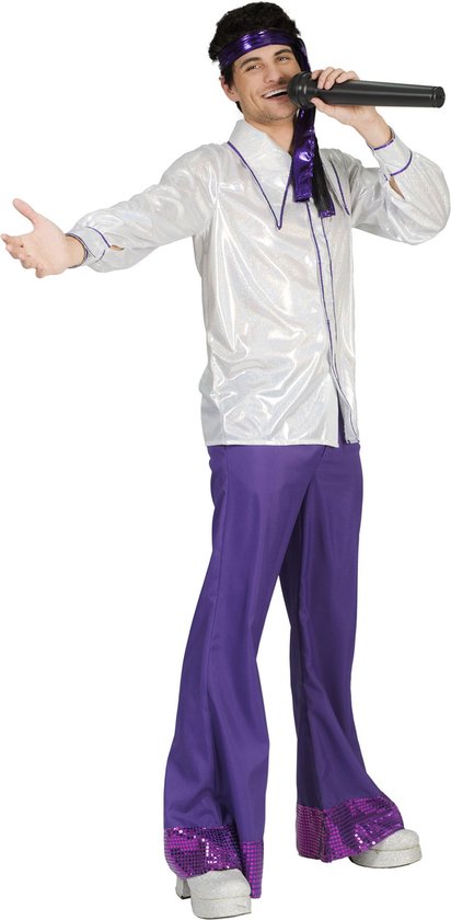 Funny Fashion - Jaren 80 & 90 Kostuum - Jaren 70 Sammy Shirt Man - Wit / Beige - Maat 48-50 - Carnavalskleding - Verkleedkleding