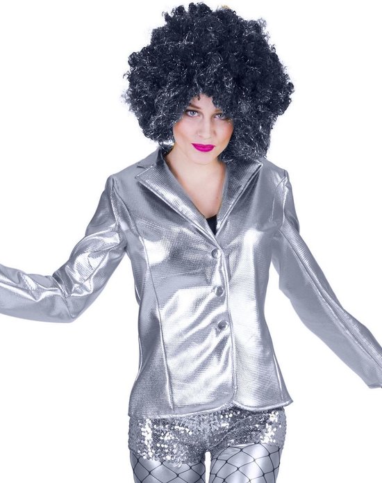 Funny Fashion - Glitter & Glamour Kostuum - Disco Fever Jack Glinsterend Zilver Vrouw - Zilver - Maat 40-42 - Carnavalskleding - Verkleedkleding