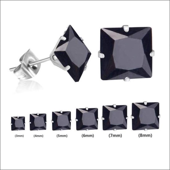 Aramat jewels ® - Stalen oorbellen zirkonia vierkant 6mm zwart