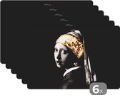 Placemat - Placemats kunststof - Meisje met de parel - Vermeer - Goud - Zwart - Wit - 45x30 cm - 6 stuks - Hittebestendig - Anti-Slip - Onderlegger - Afneembaar